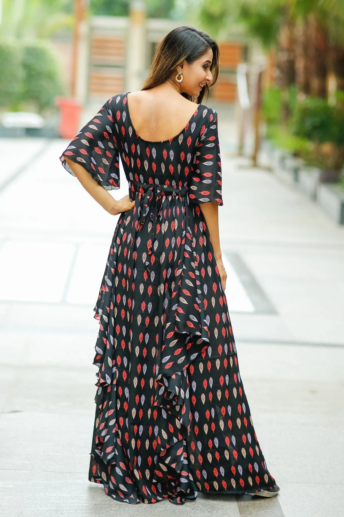 Leafy Black Crepe Cascading Maternity Dress