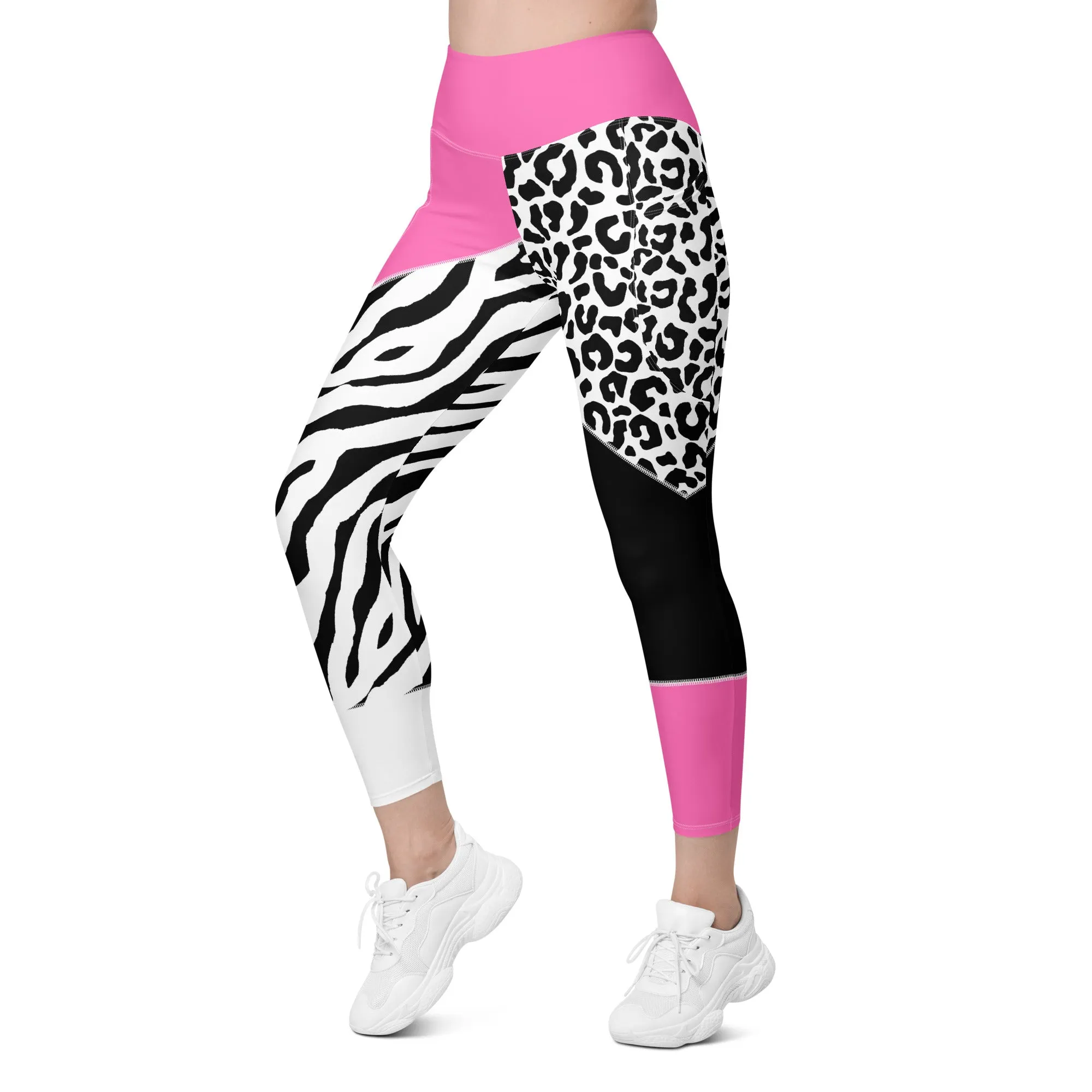 Leopard Color Block Leggings With Pockets