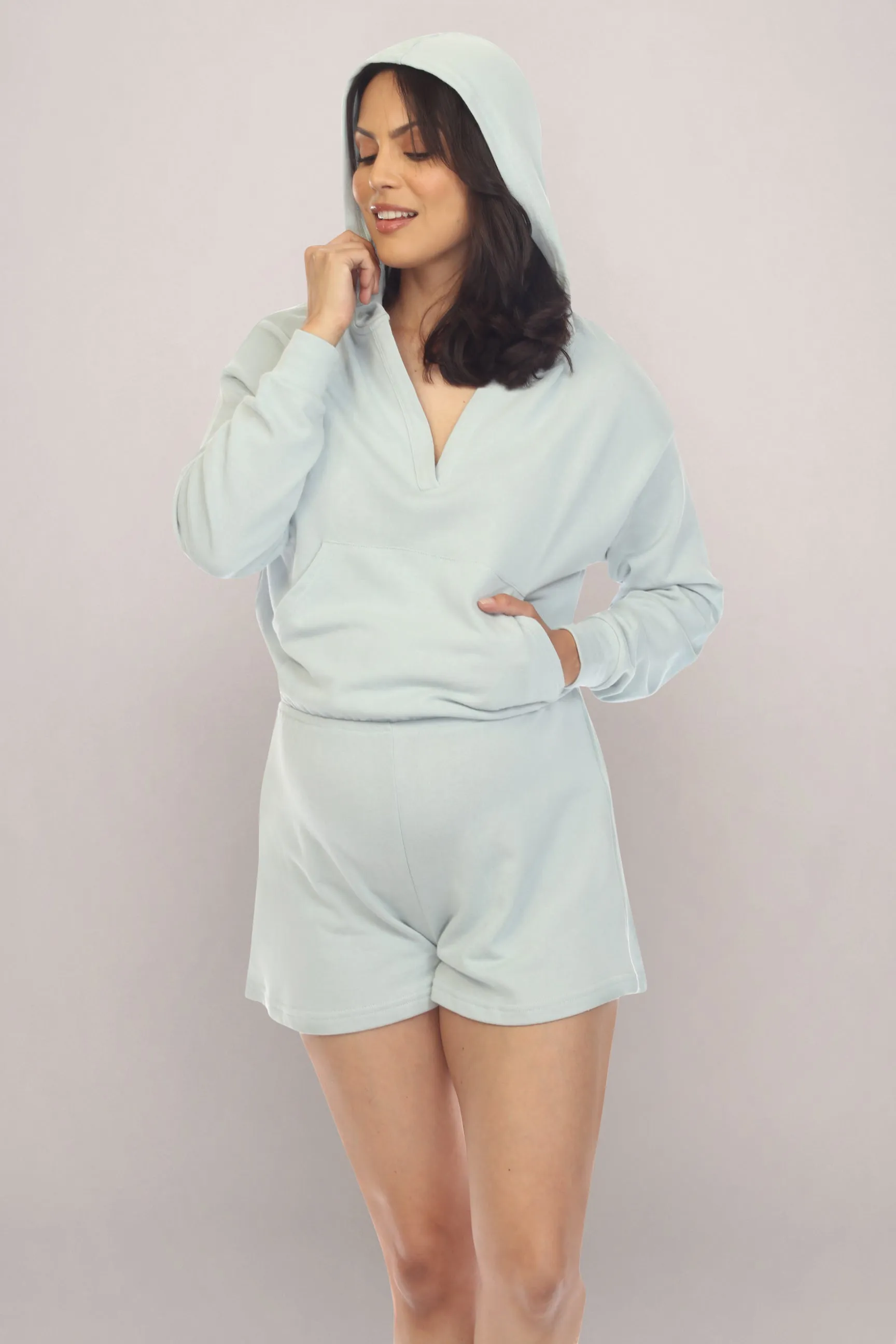 Light Blue Hooded Maternity Romper