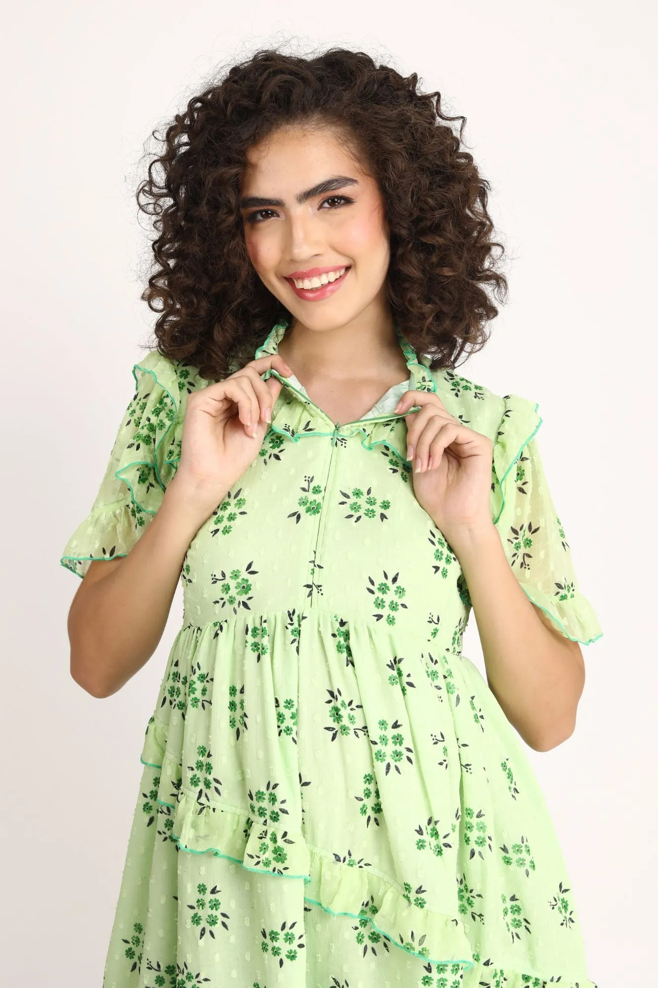 Lime Green Maternity & Nursing Frill Dress