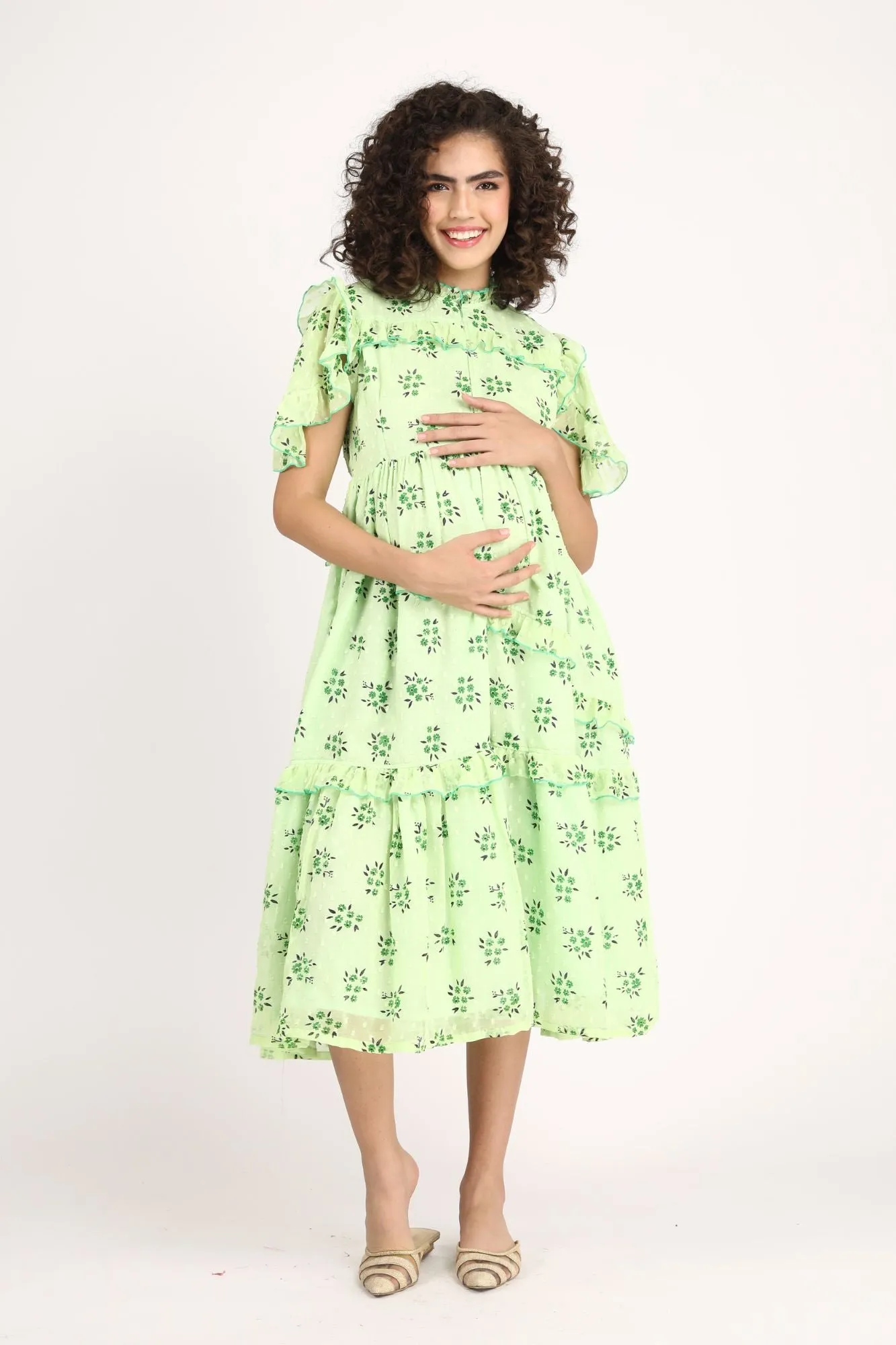 Lime Green Maternity & Nursing Frill Dress