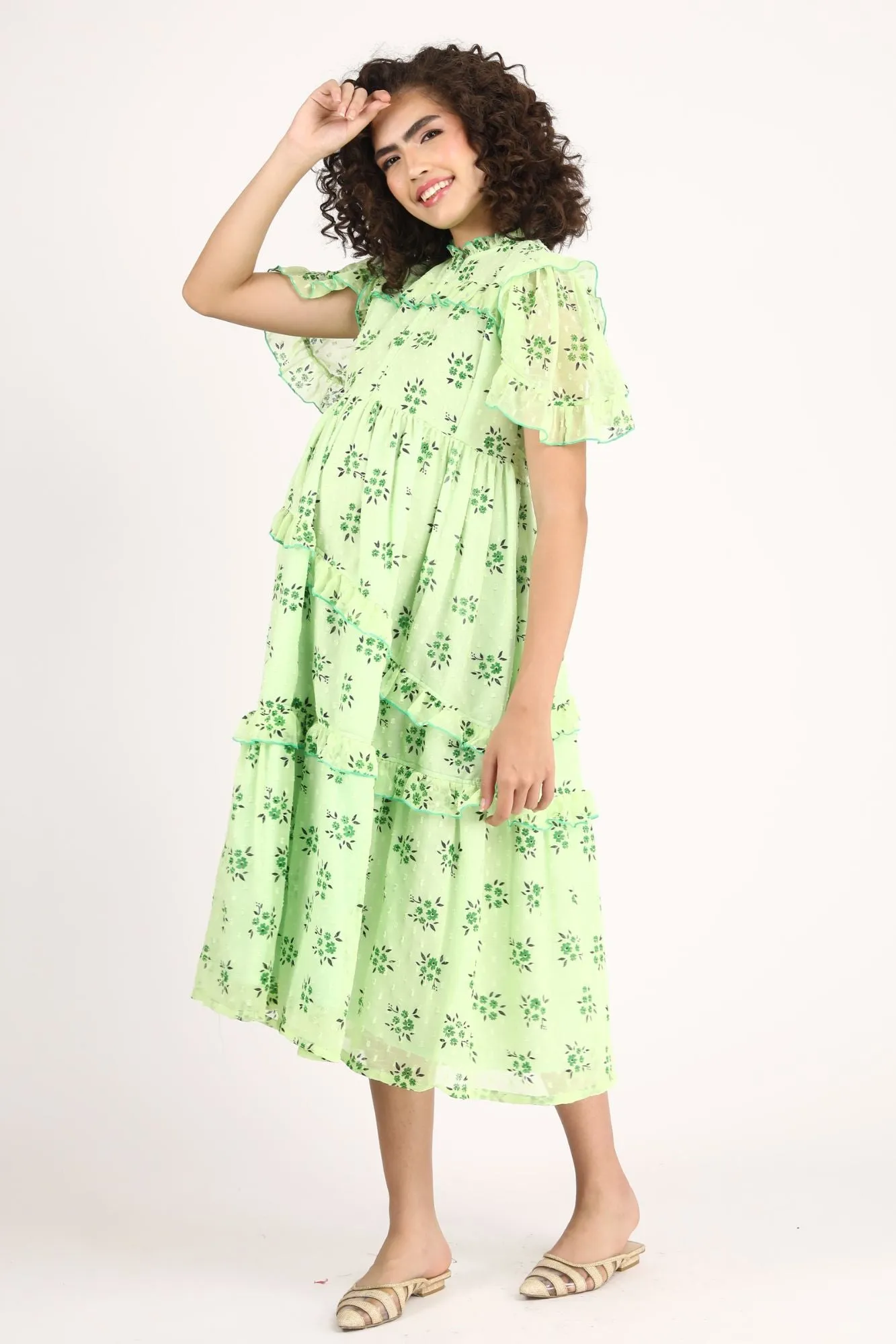 Lime Green Maternity & Nursing Frill Dress