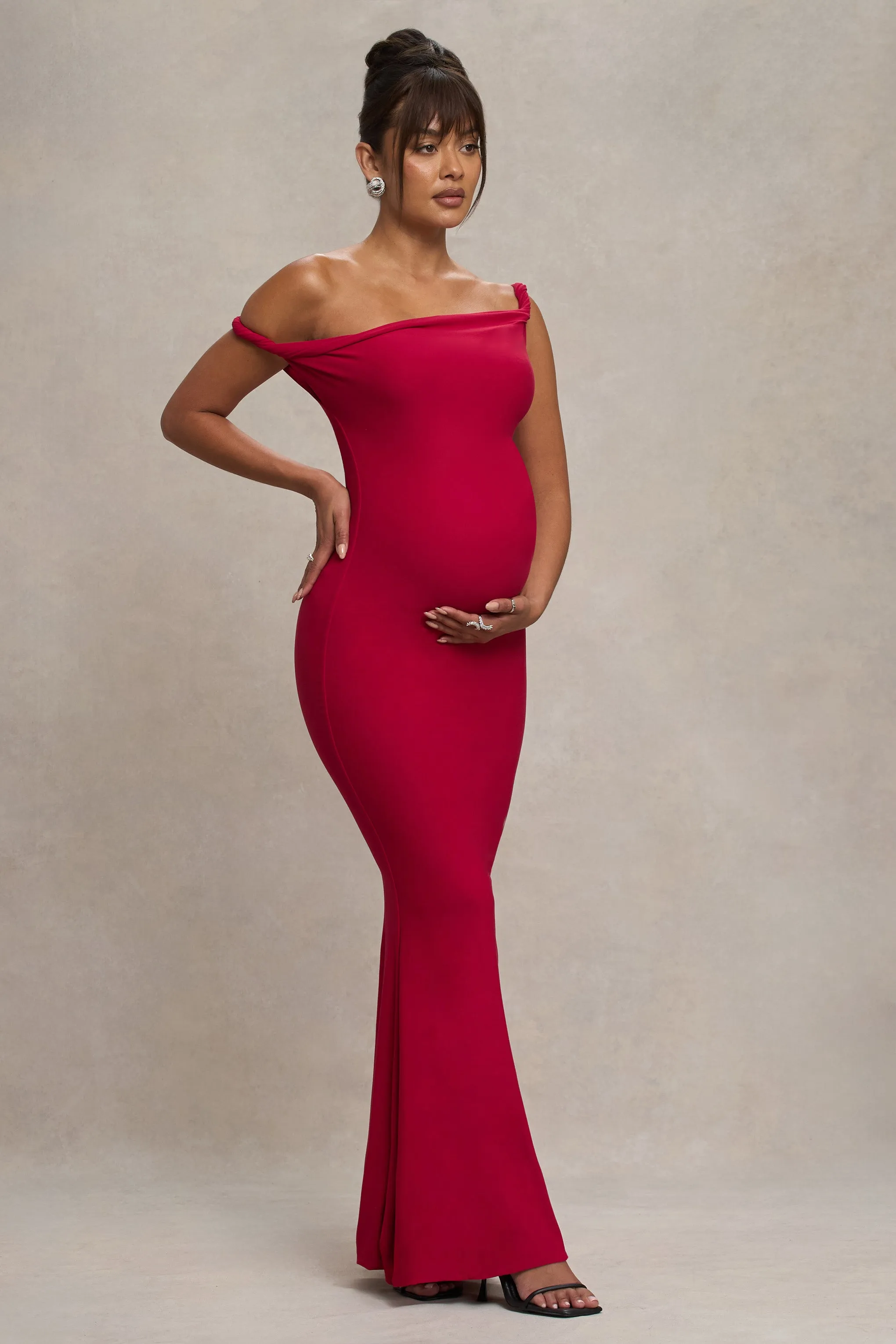 Lita | Red Twisted Asymmetric Maternity Maxi Dress