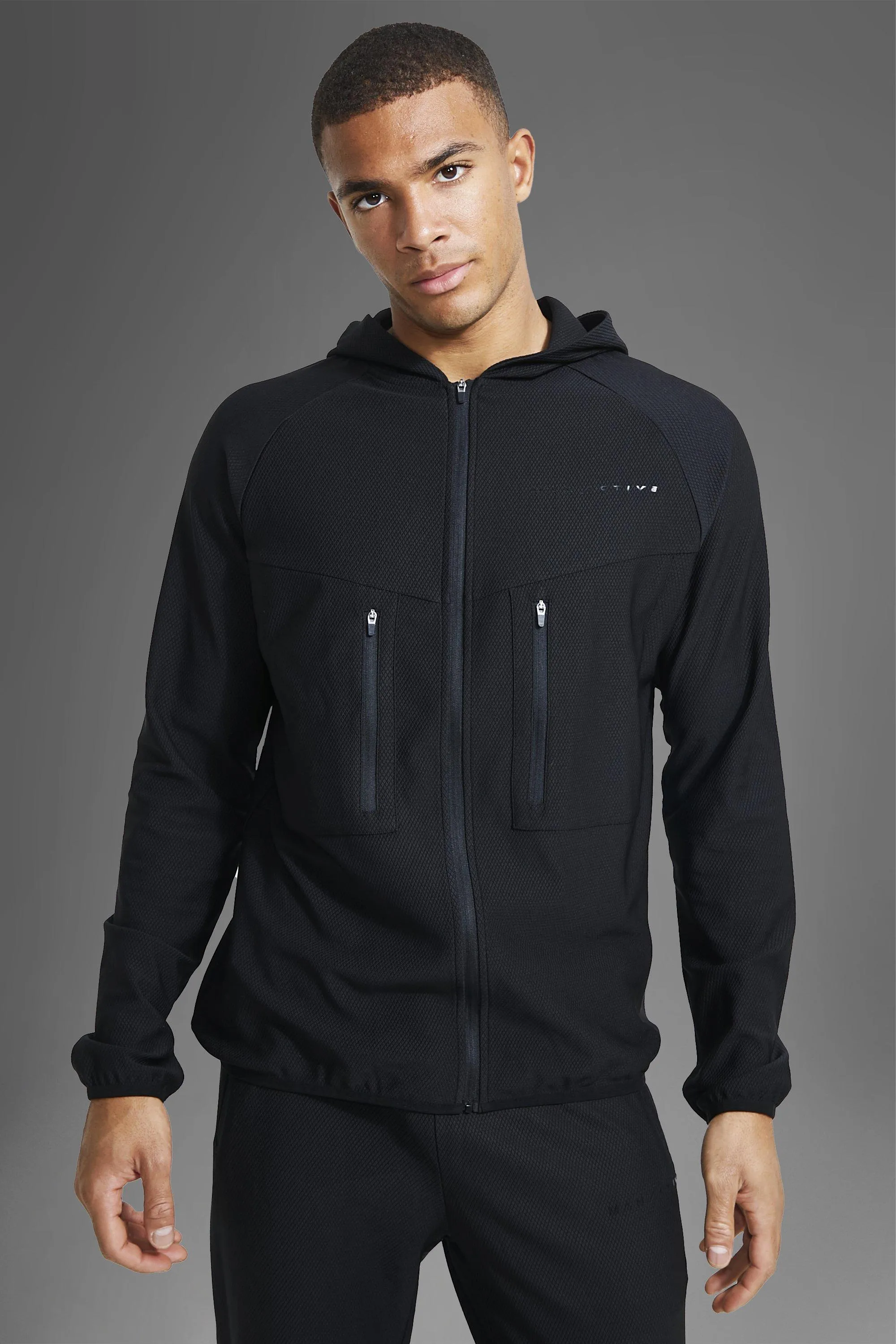 Man Active Gym Tech Patterned Zip Thru Hoodie