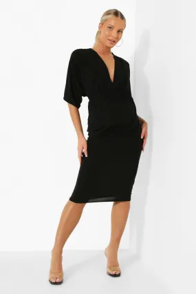 Maternity Drape Sleeve Plunge Midi Dress