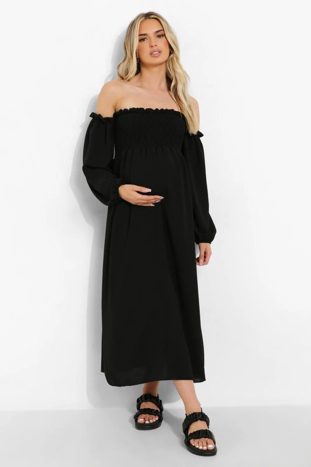 Maternity Linen Off The Shoulder Midi Dress