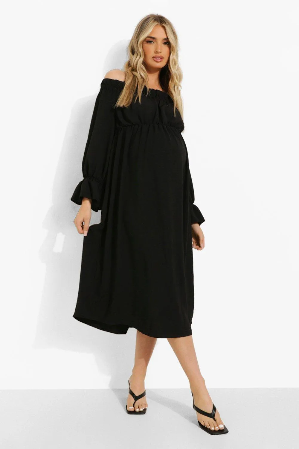 Maternity Linen Off The Shoulder Puff Sleeve