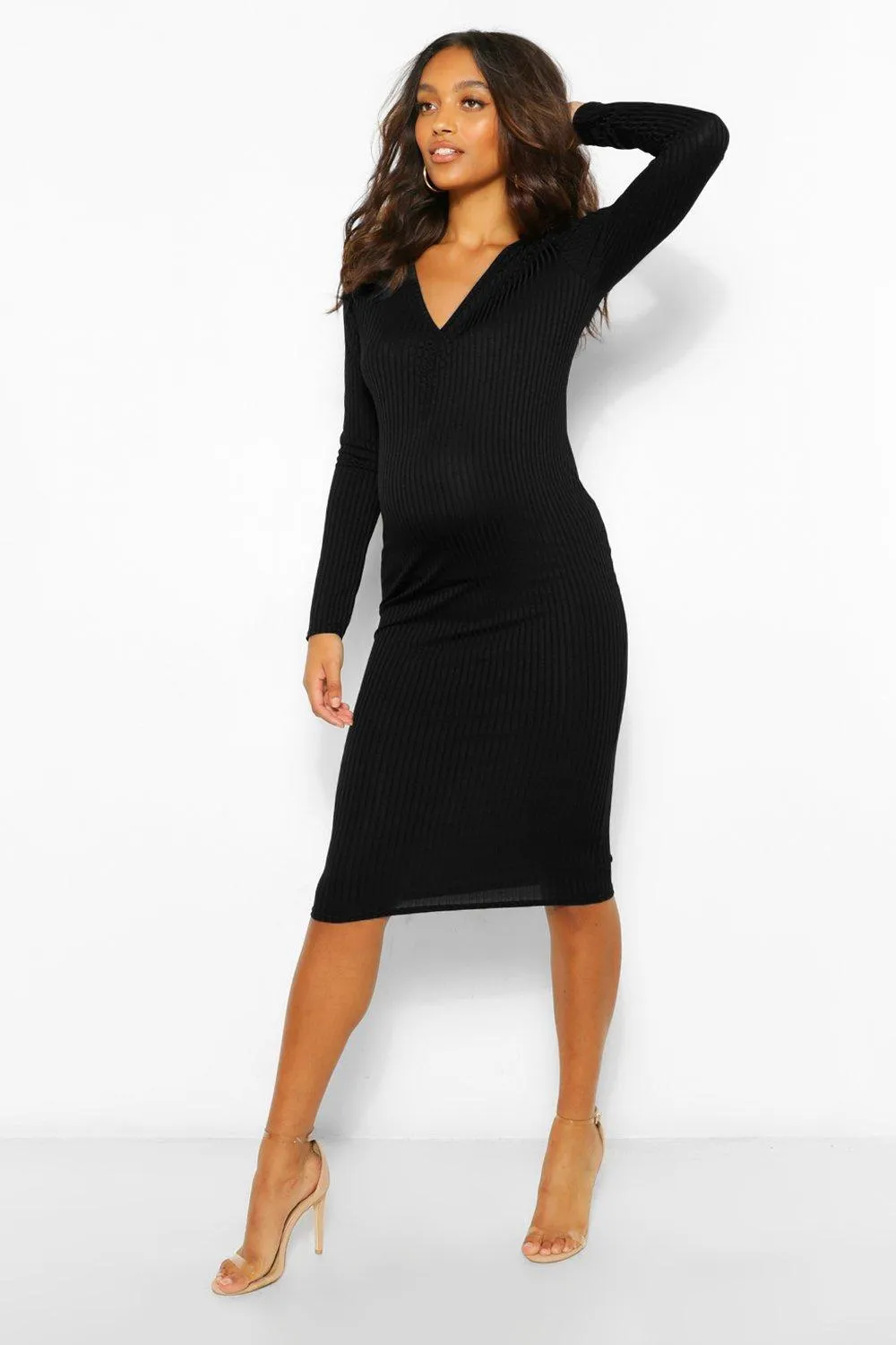 Maternity Long Sleeve Ruche Bodycon Midi Dress