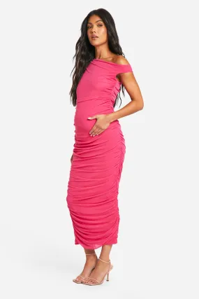 Maternity Mesh Asymmetric Neck Ruched Midi Dress