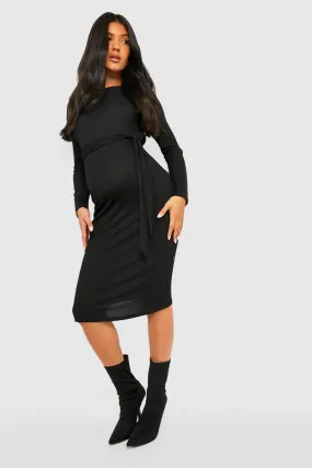 Maternity Rib Tie Waist Midi Dress