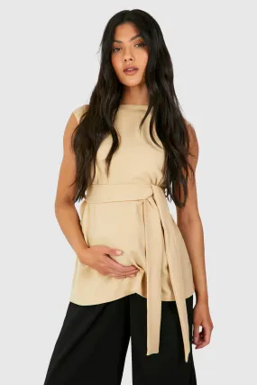 Maternity Sleeveless Belted Crepe Top