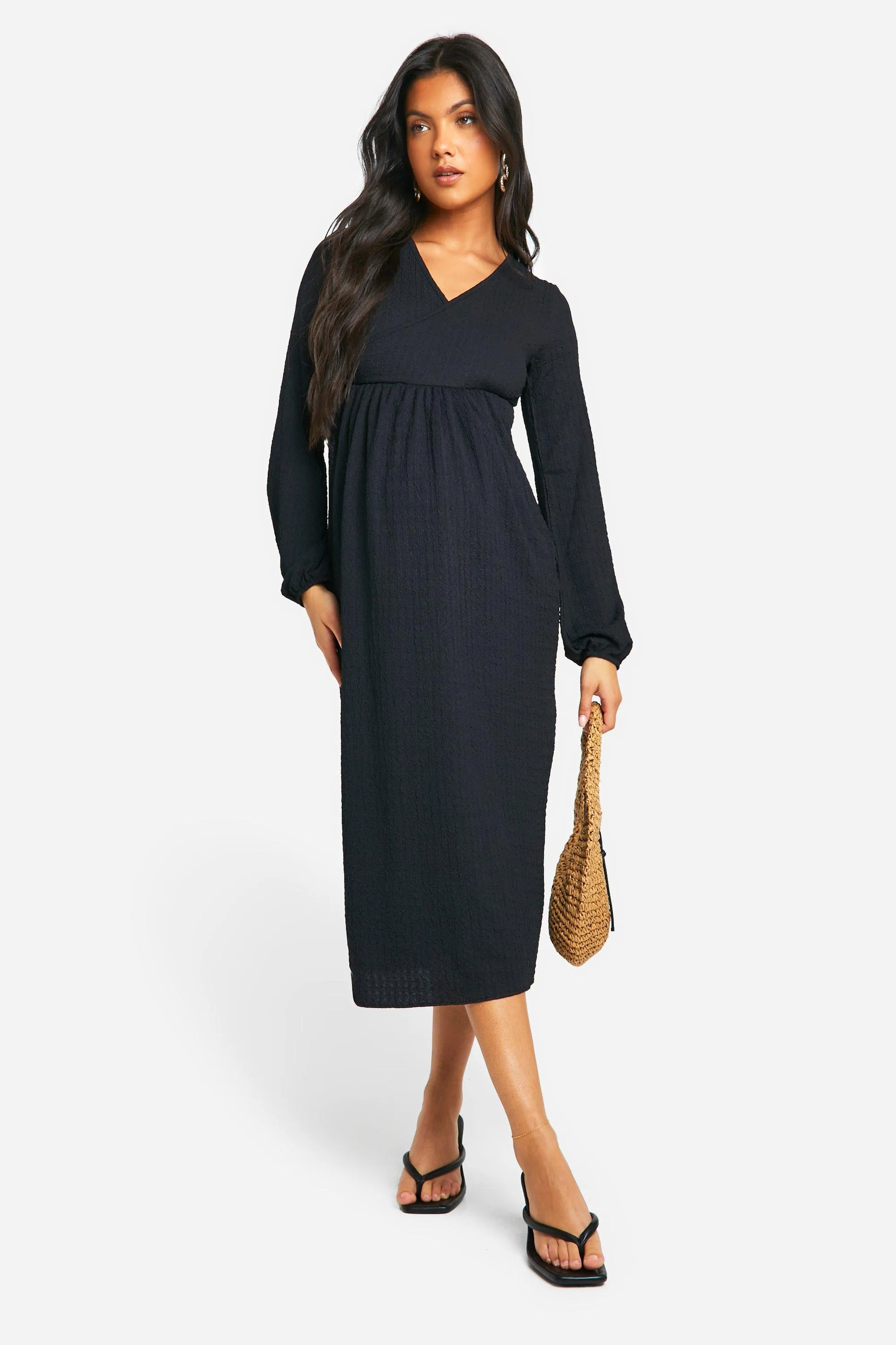 Maternity Textured Wrap Over Long Sleeve Midi