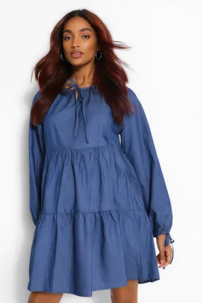 Maternity Tie Sleeve Denim Tiered Smock Dress