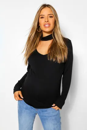 Maternity V Neck Choker Long Sleeve Top