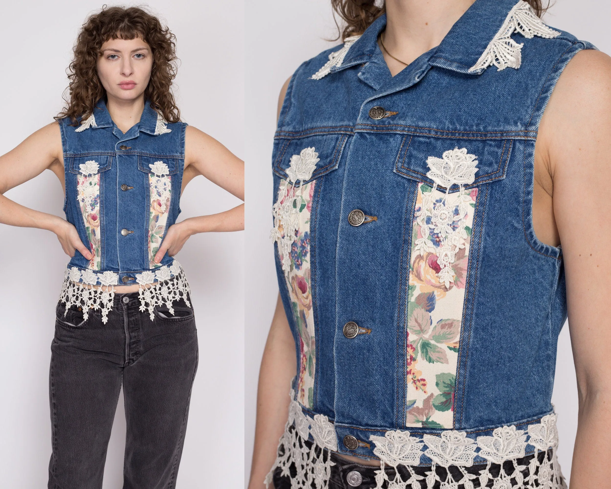 Medium 90s Denim Floral & Lace Cropped Vest