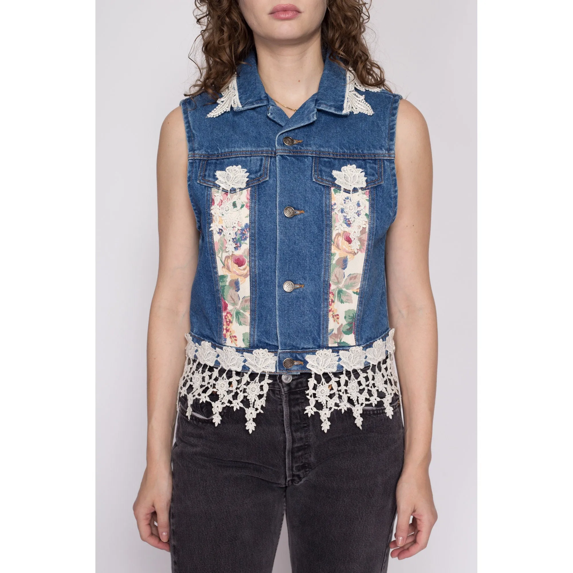 Medium 90s Denim Floral & Lace Cropped Vest