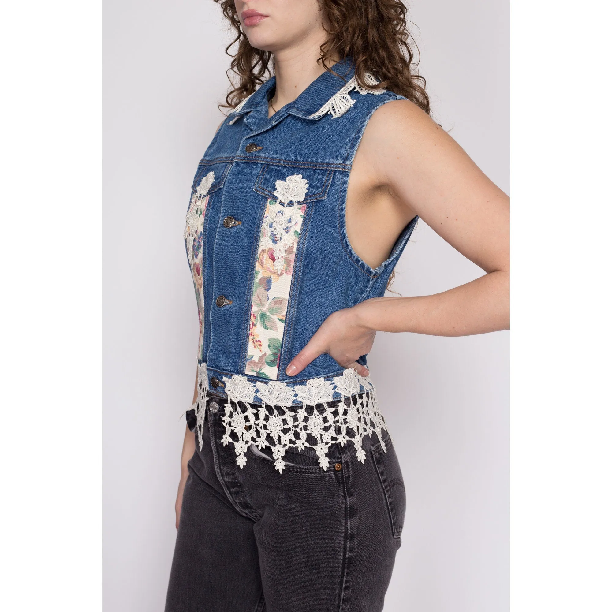 Medium 90s Denim Floral & Lace Cropped Vest