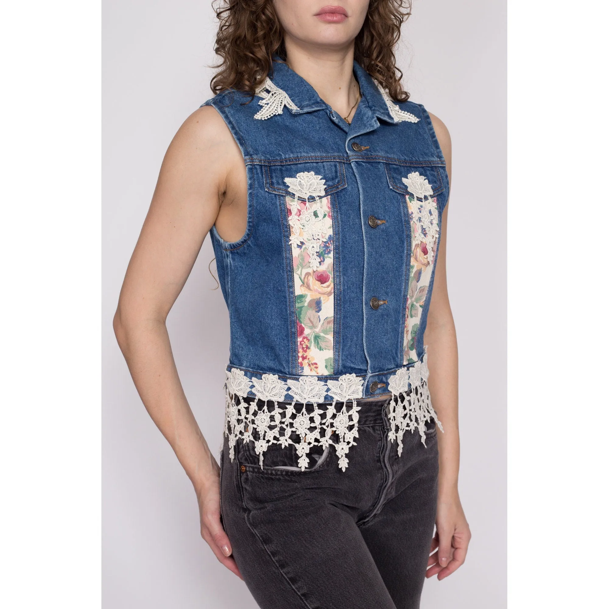 Medium 90s Denim Floral & Lace Cropped Vest