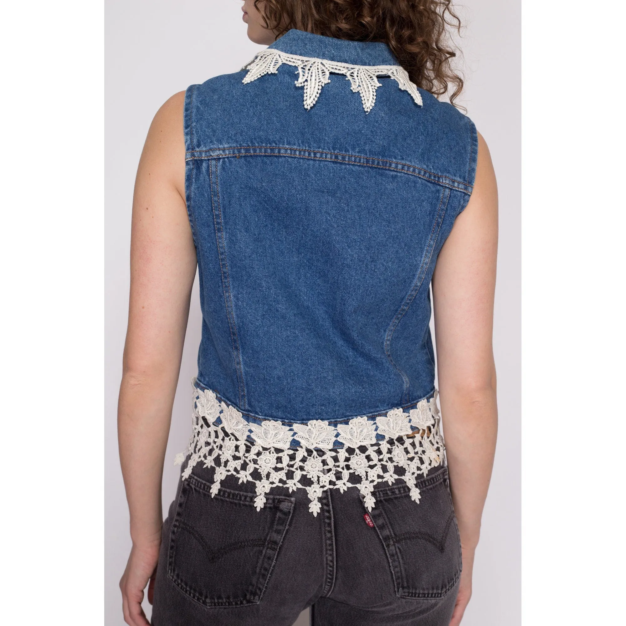 Medium 90s Denim Floral & Lace Cropped Vest