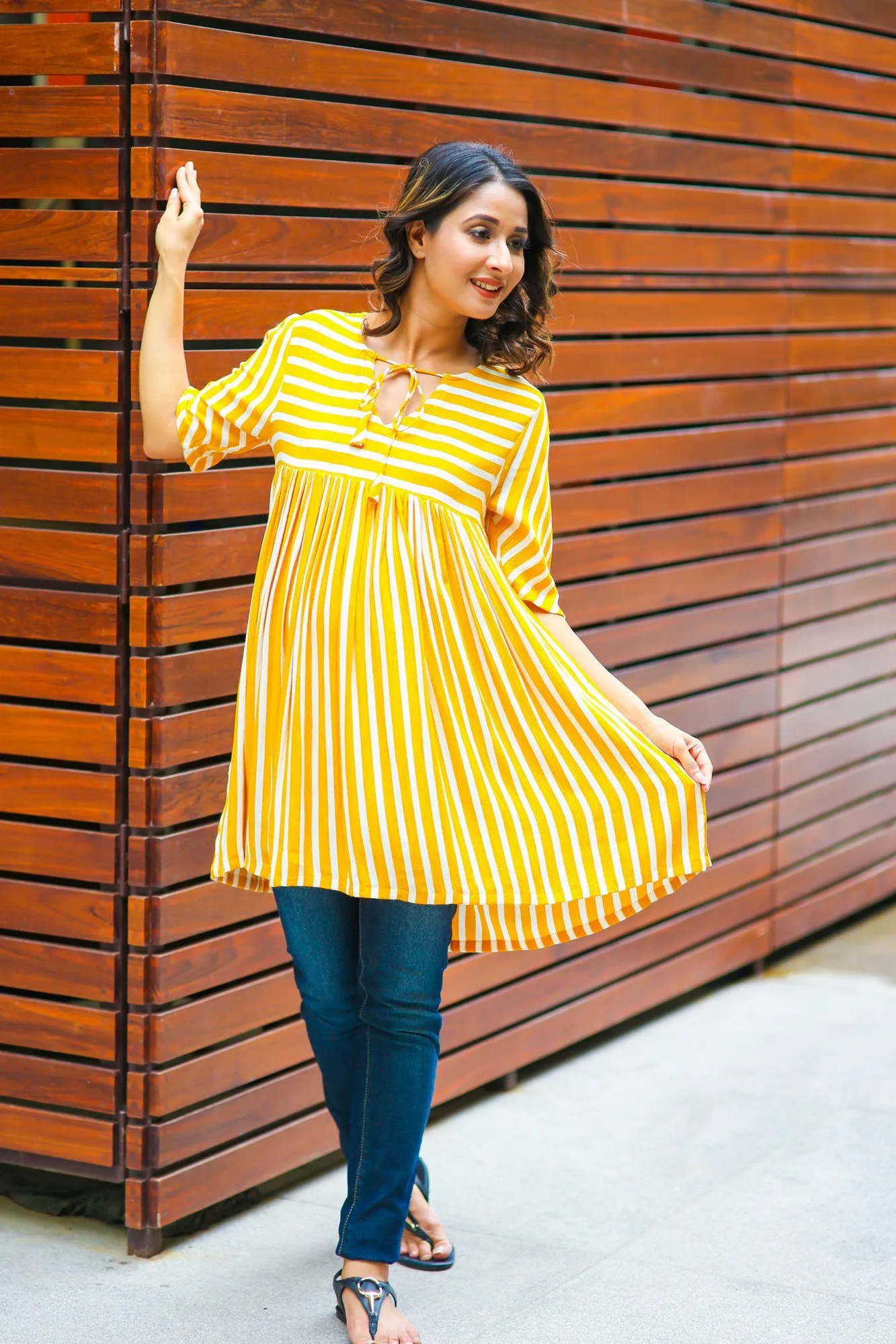 Mustard Striped Gathered Maternity Top