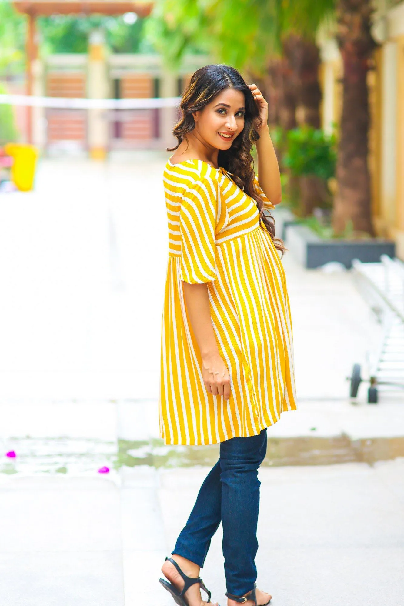 Mustard Striped Gathered Maternity Top