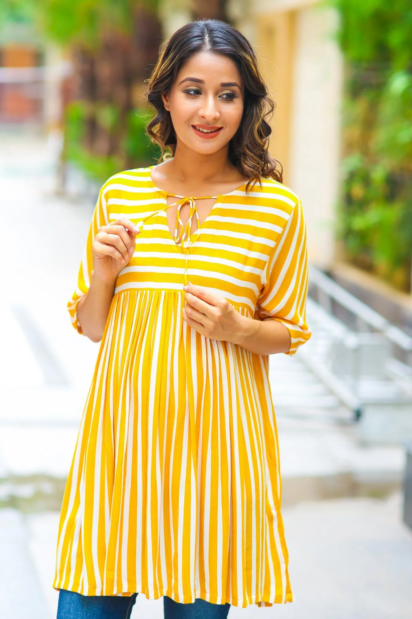 Mustard Striped Gathered Maternity Top