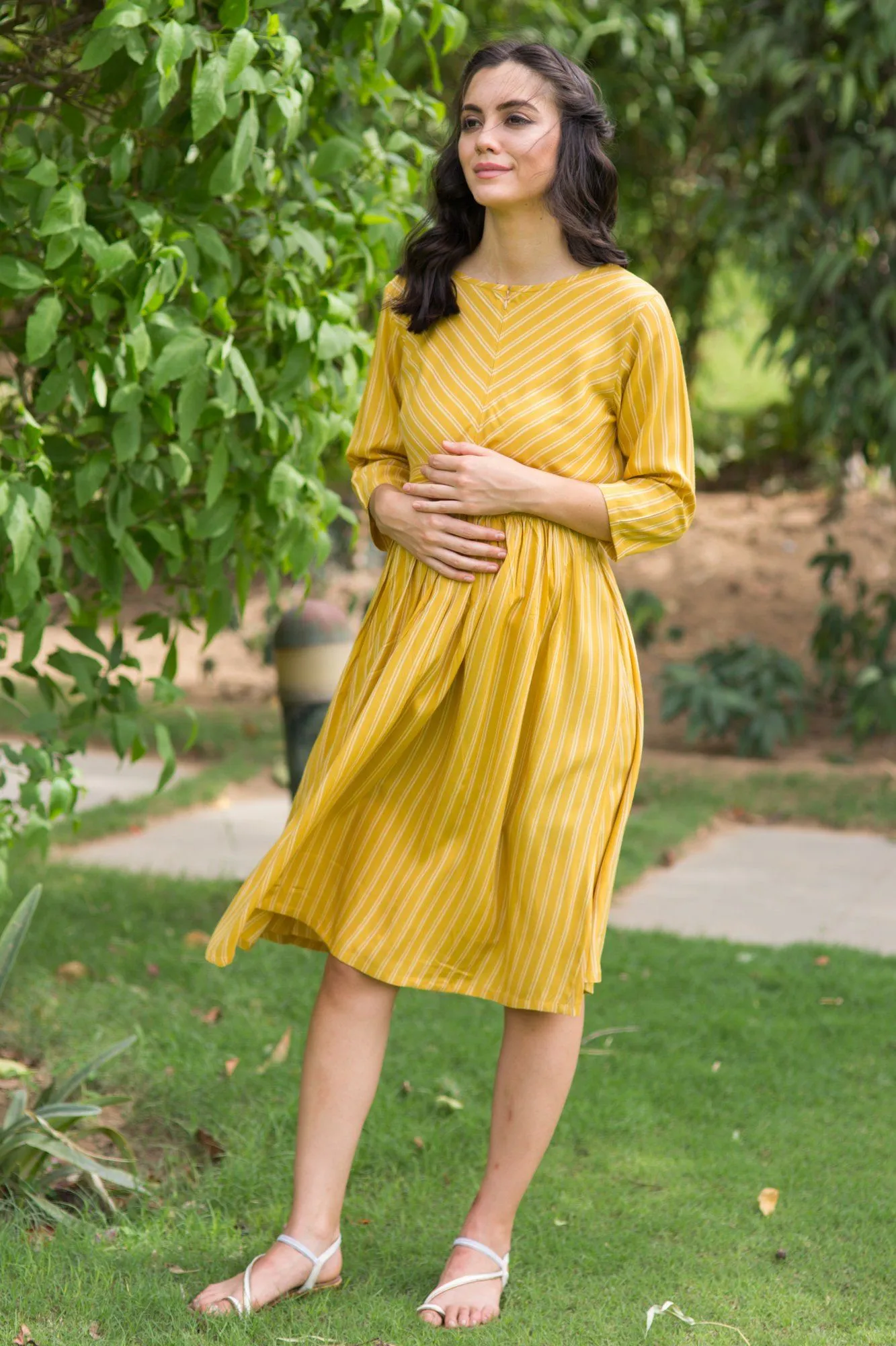 Mustard Striped Maternity & Nursing Swing Dress