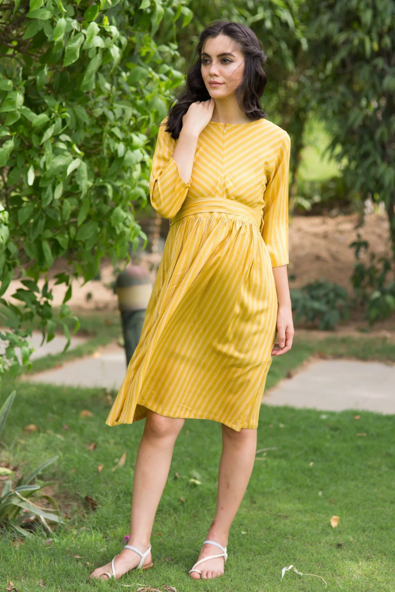 Mustard Striped Maternity & Nursing Swing Dress