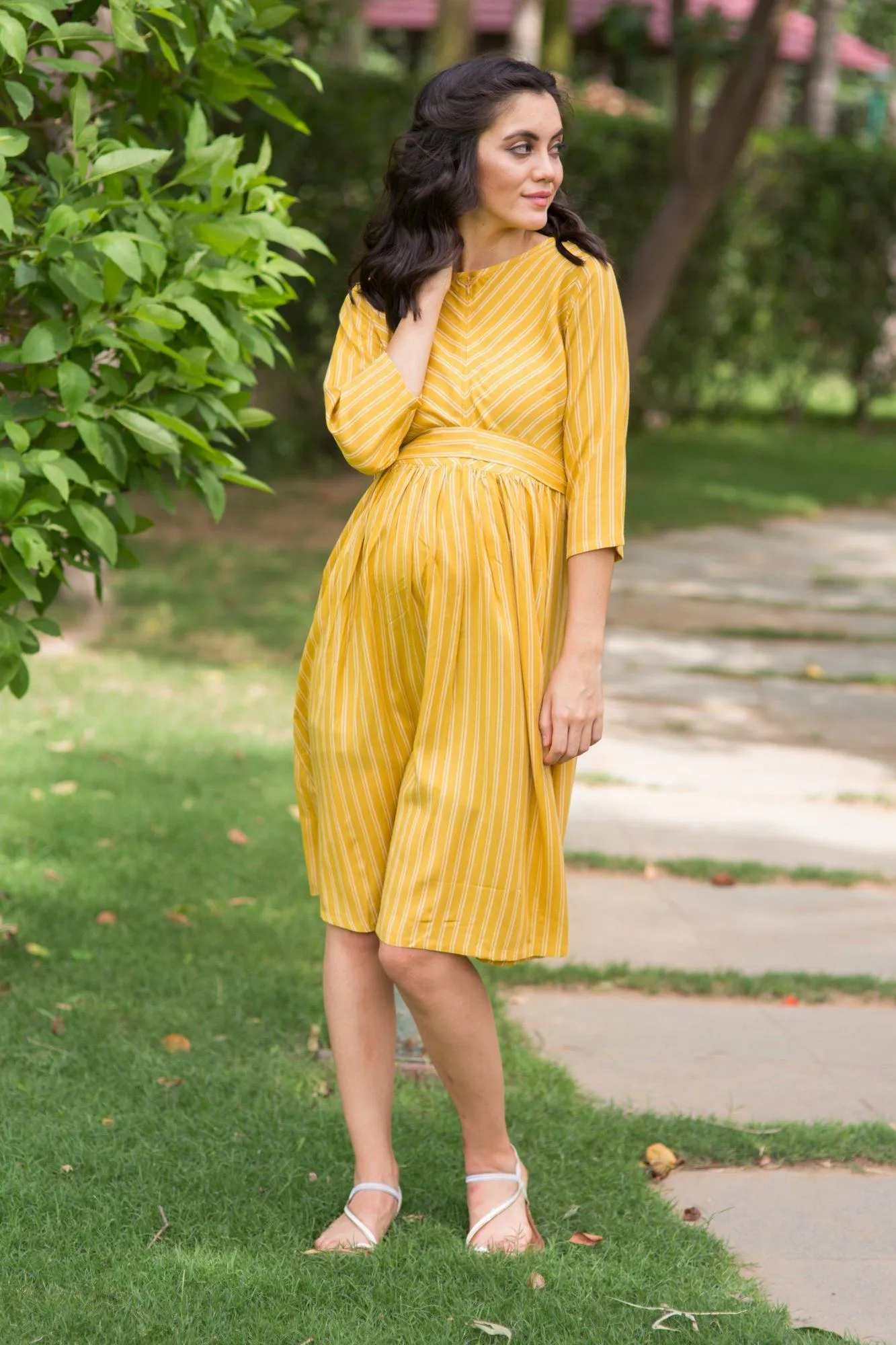 Mustard Striped Maternity & Nursing Swing Dress