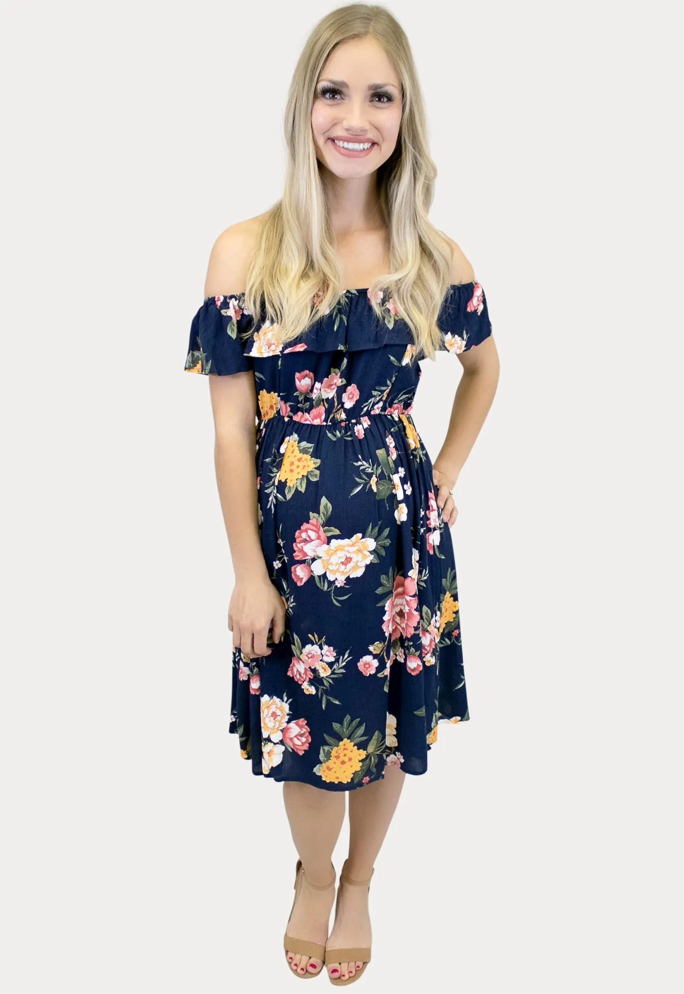 Off the Shoulder Navy Floral Maternity Dress