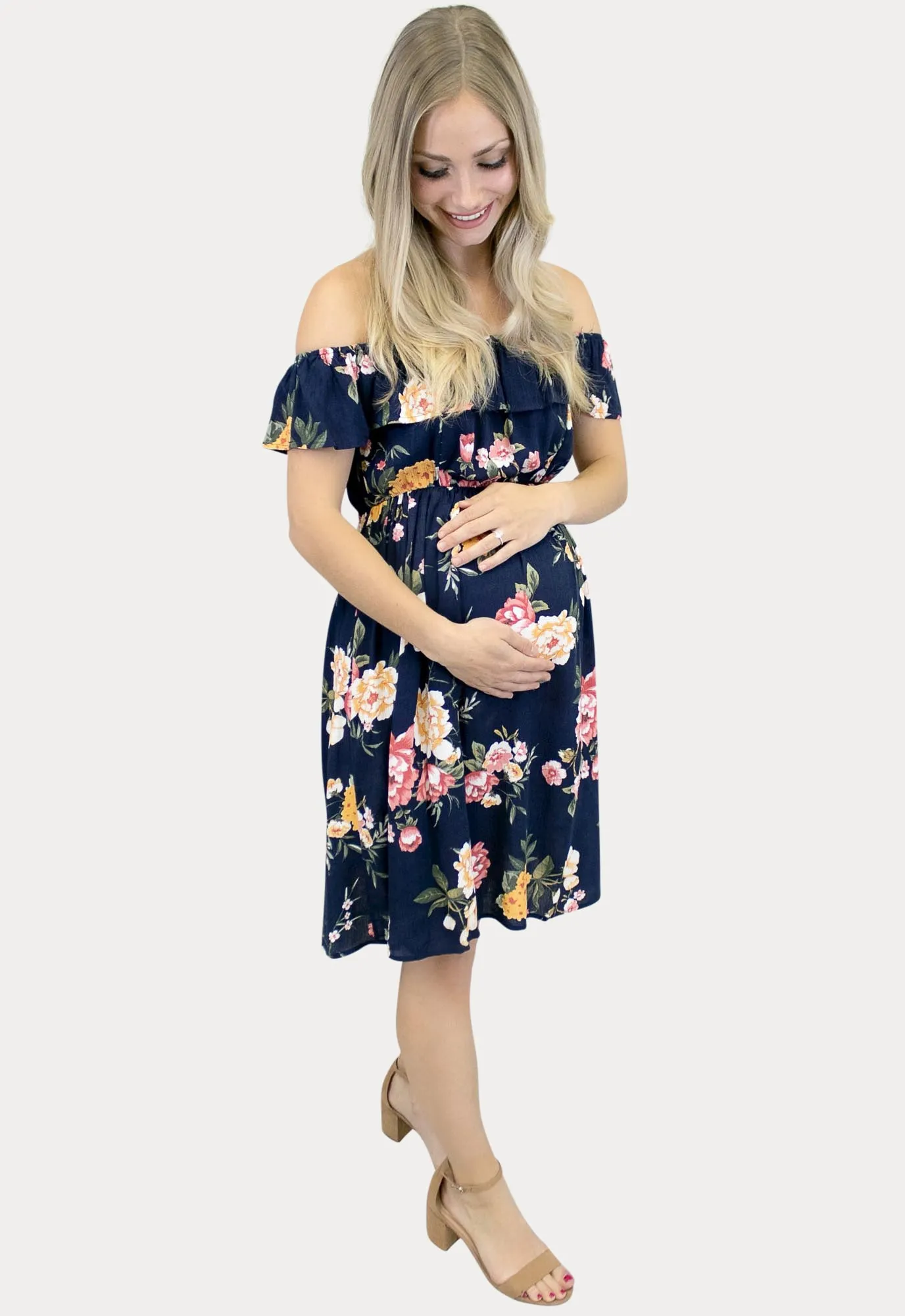 Off the Shoulder Navy Floral Maternity Dress