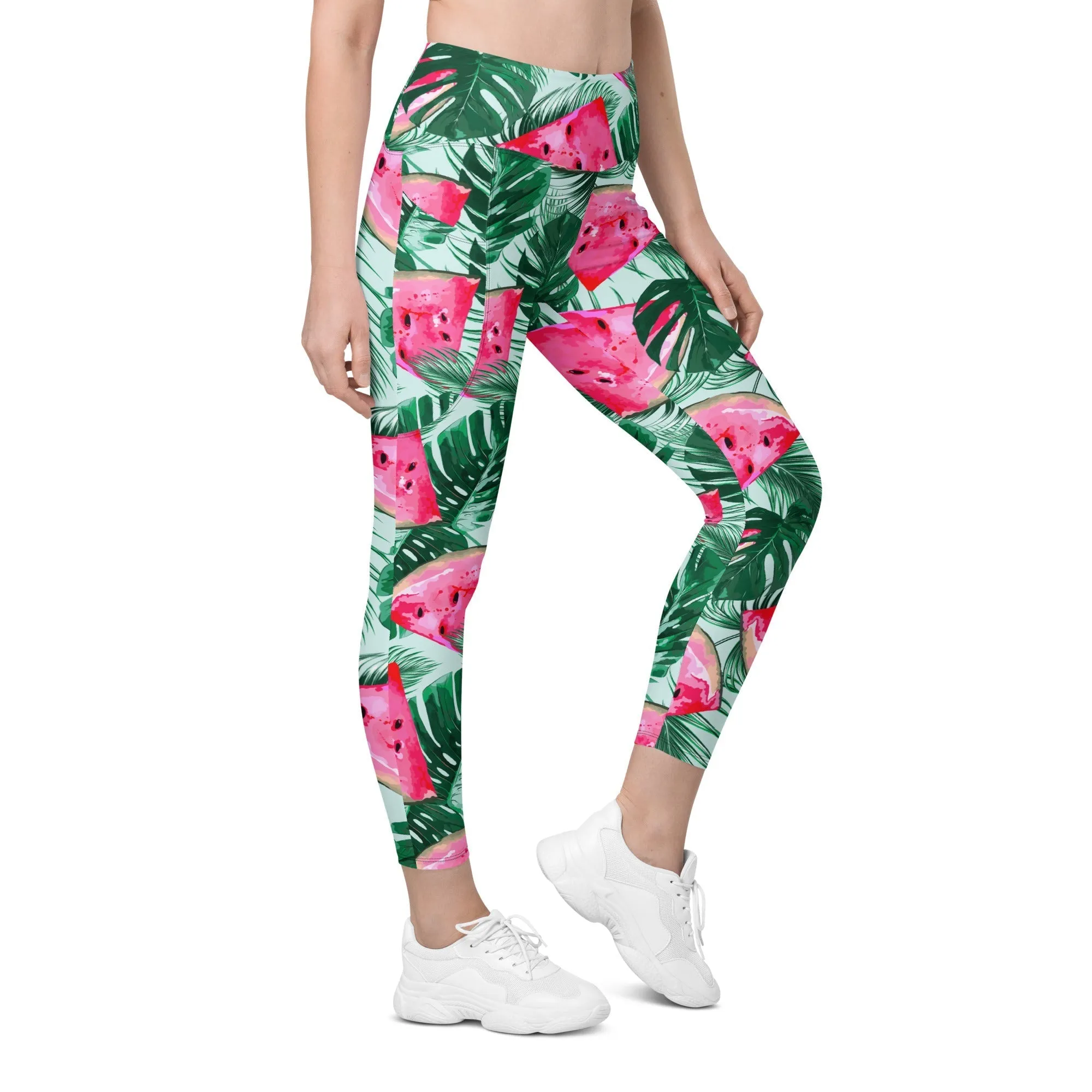 Palm Leaves & Watermelon Leggings With Pockets