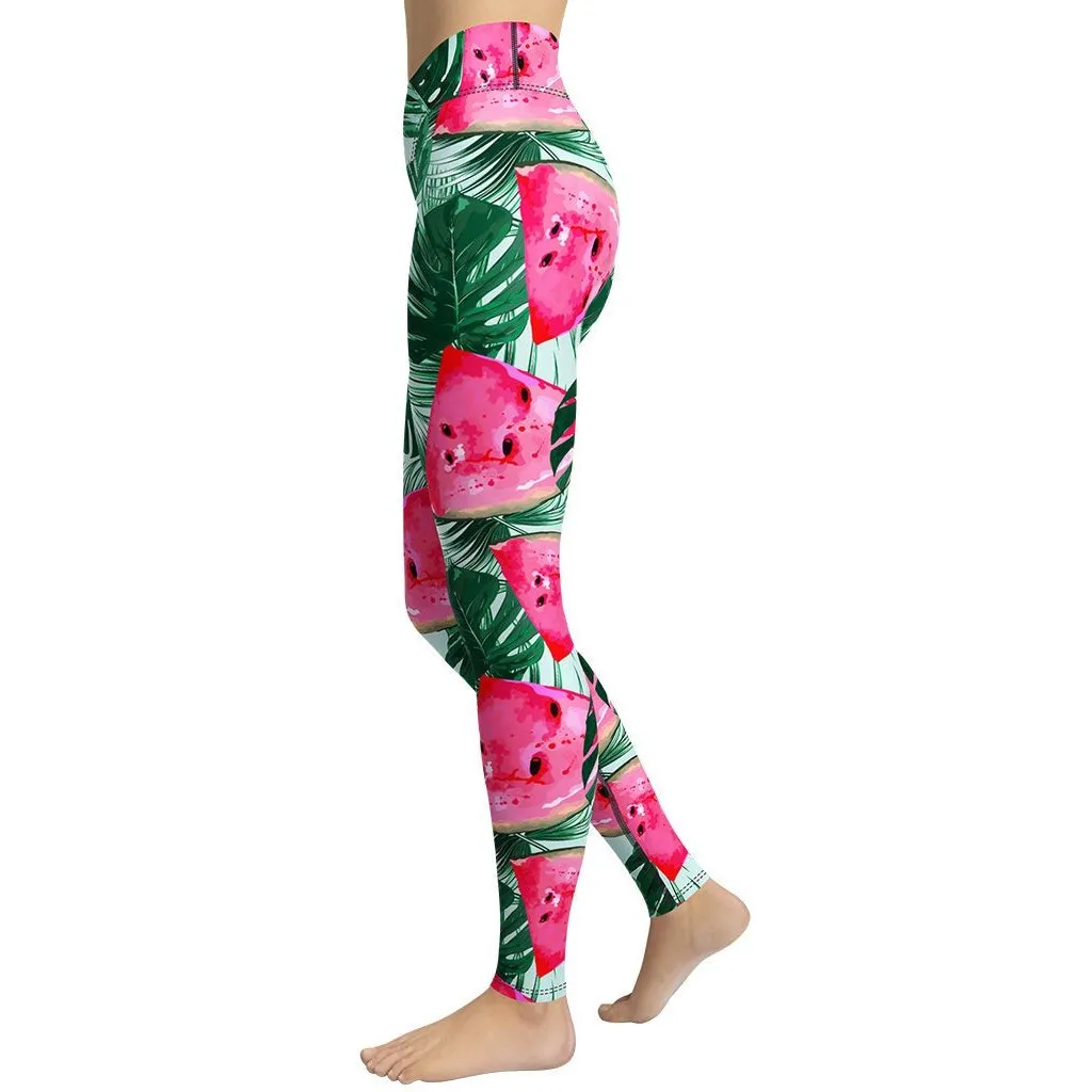 Palm Leaves & Watermelon Yoga Leggings