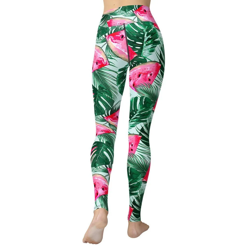 Palm Leaves & Watermelon Yoga Leggings