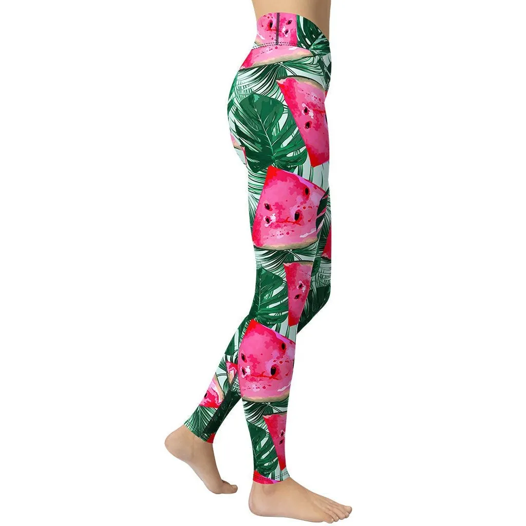 Palm Leaves & Watermelon Yoga Leggings