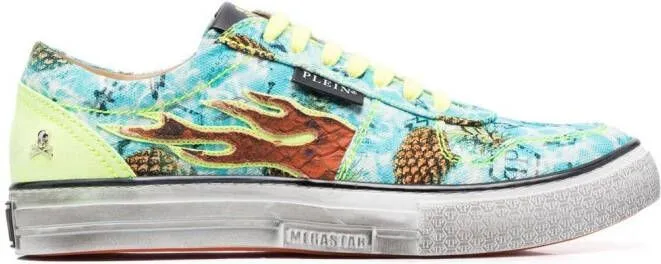 Philipp Plein Flame-print canvas low-top sneakers Blue