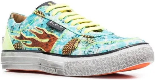 Philipp Plein Flame-print canvas low-top sneakers Blue