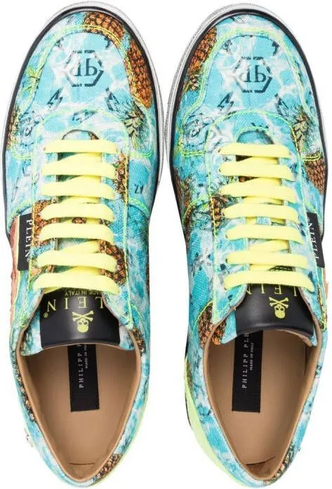 Philipp Plein Flame-print canvas low-top sneakers Blue