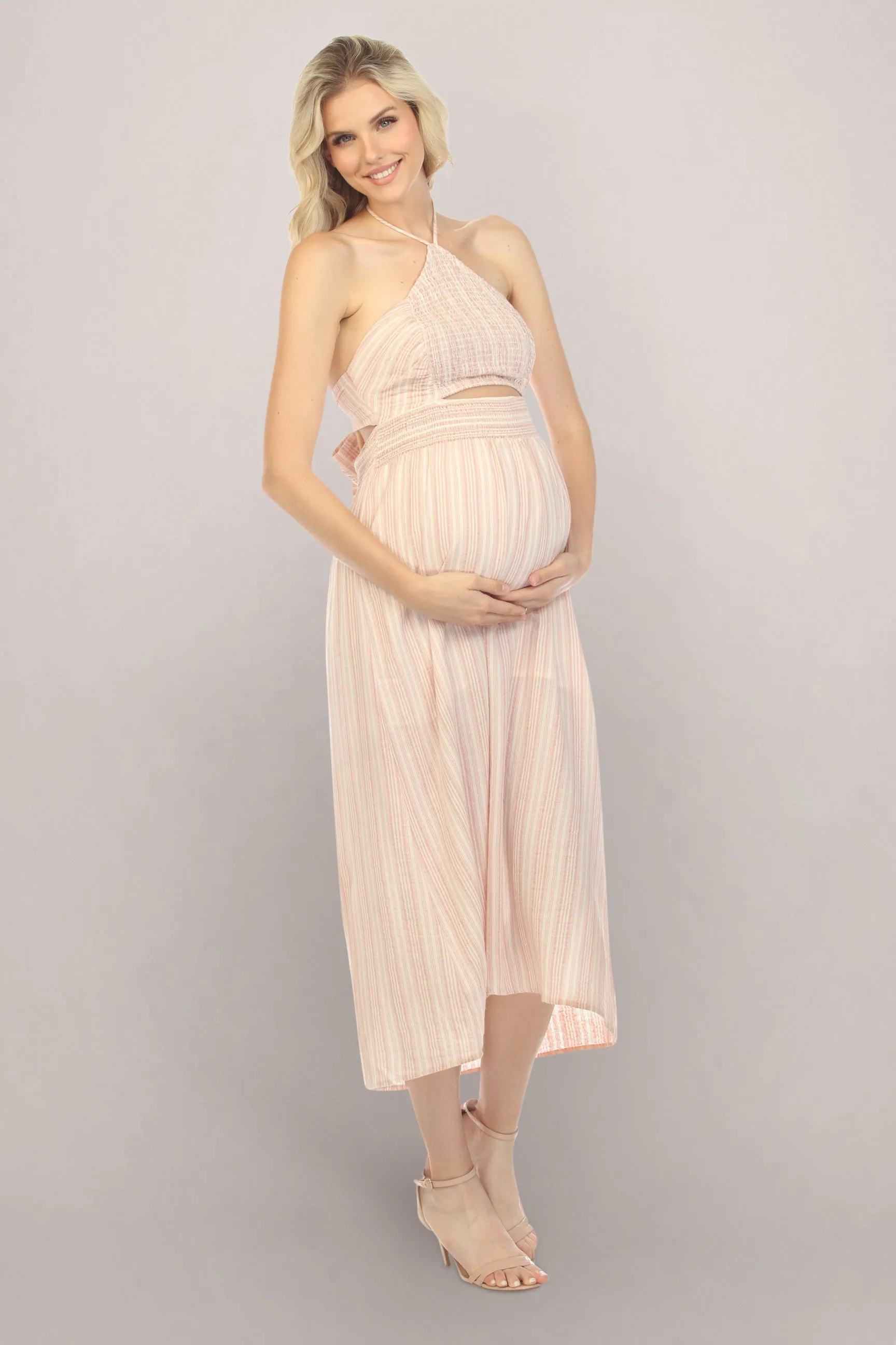 Pink Stripe Halter Maternity Dress