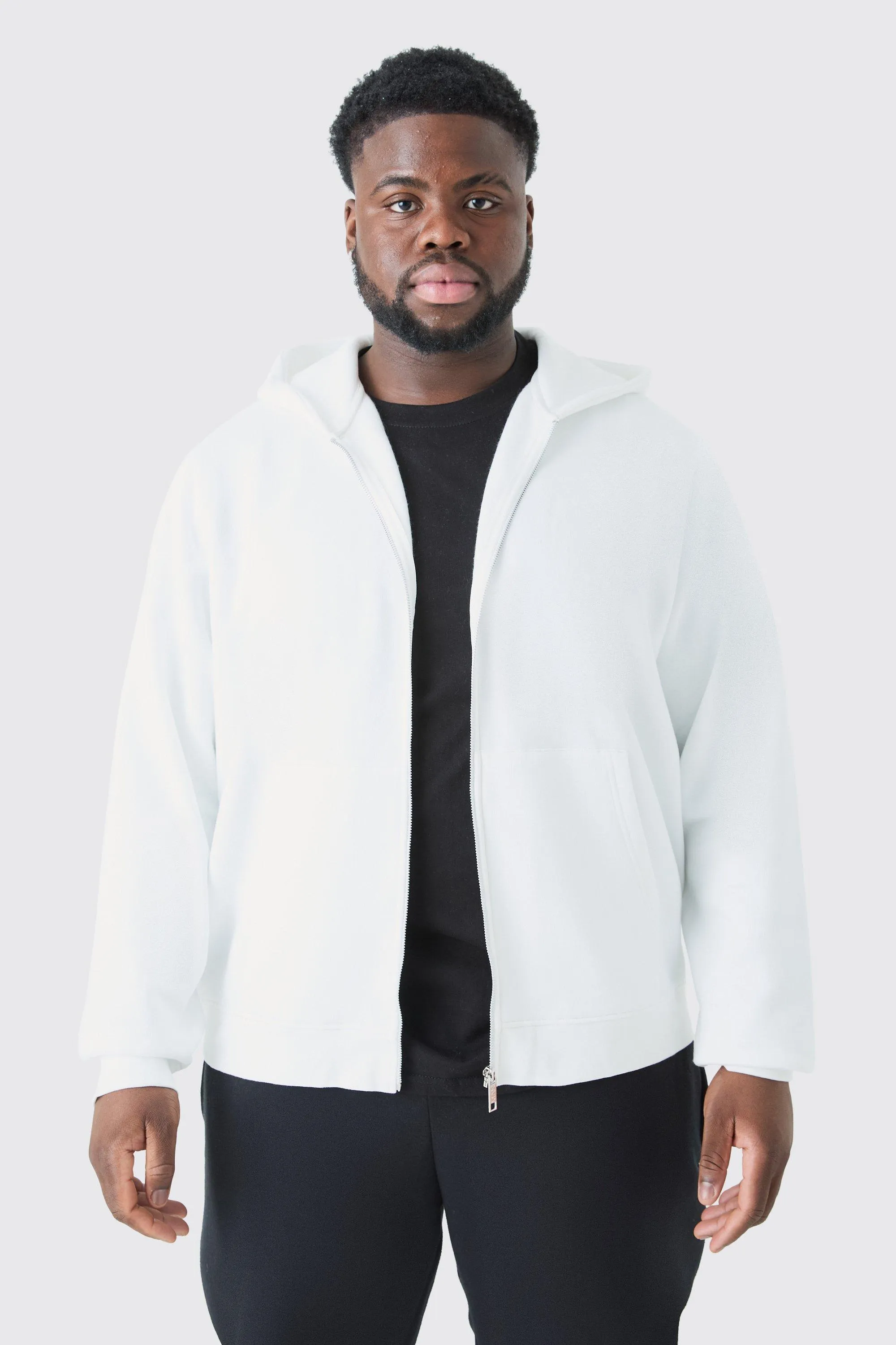 Plus Basic Zip Through Hoodie In White | boohooMAN UK