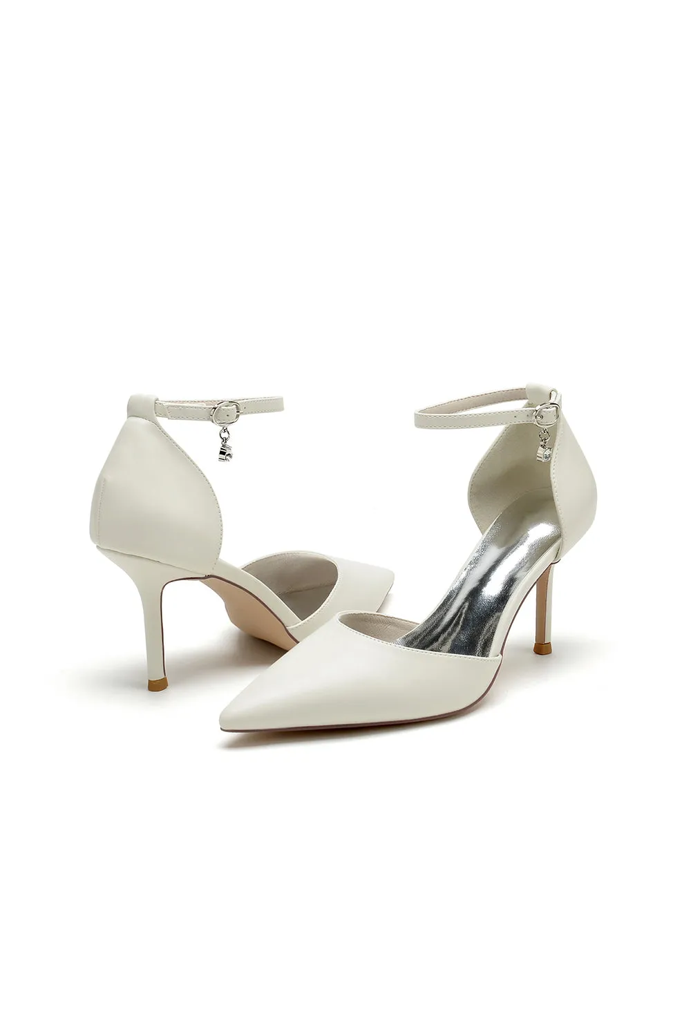 Pointed Toe Sexy Ankle Strap White Satin Wedding Shoes