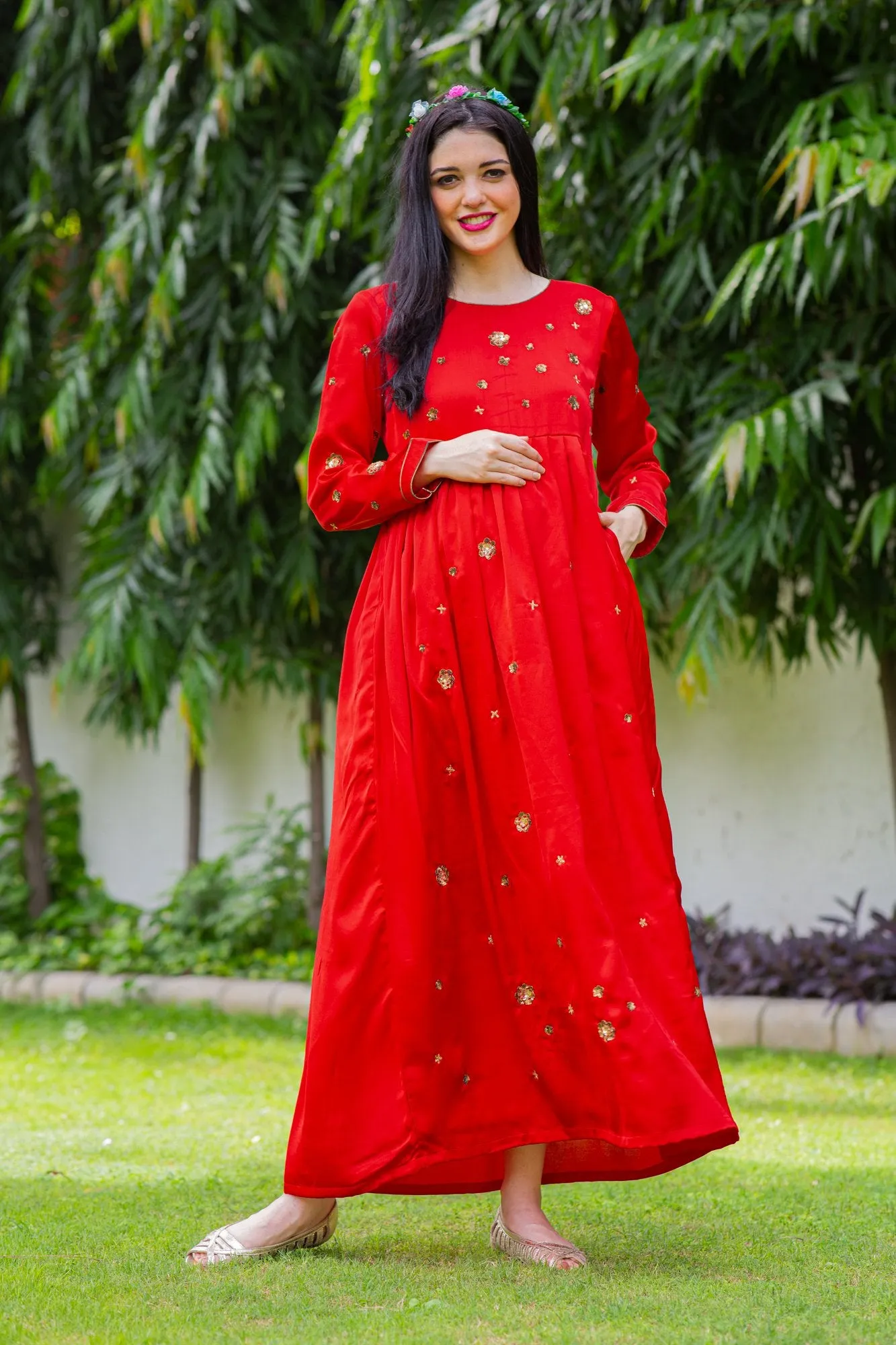 Premium Red Hand Embroidered Maternity Dress