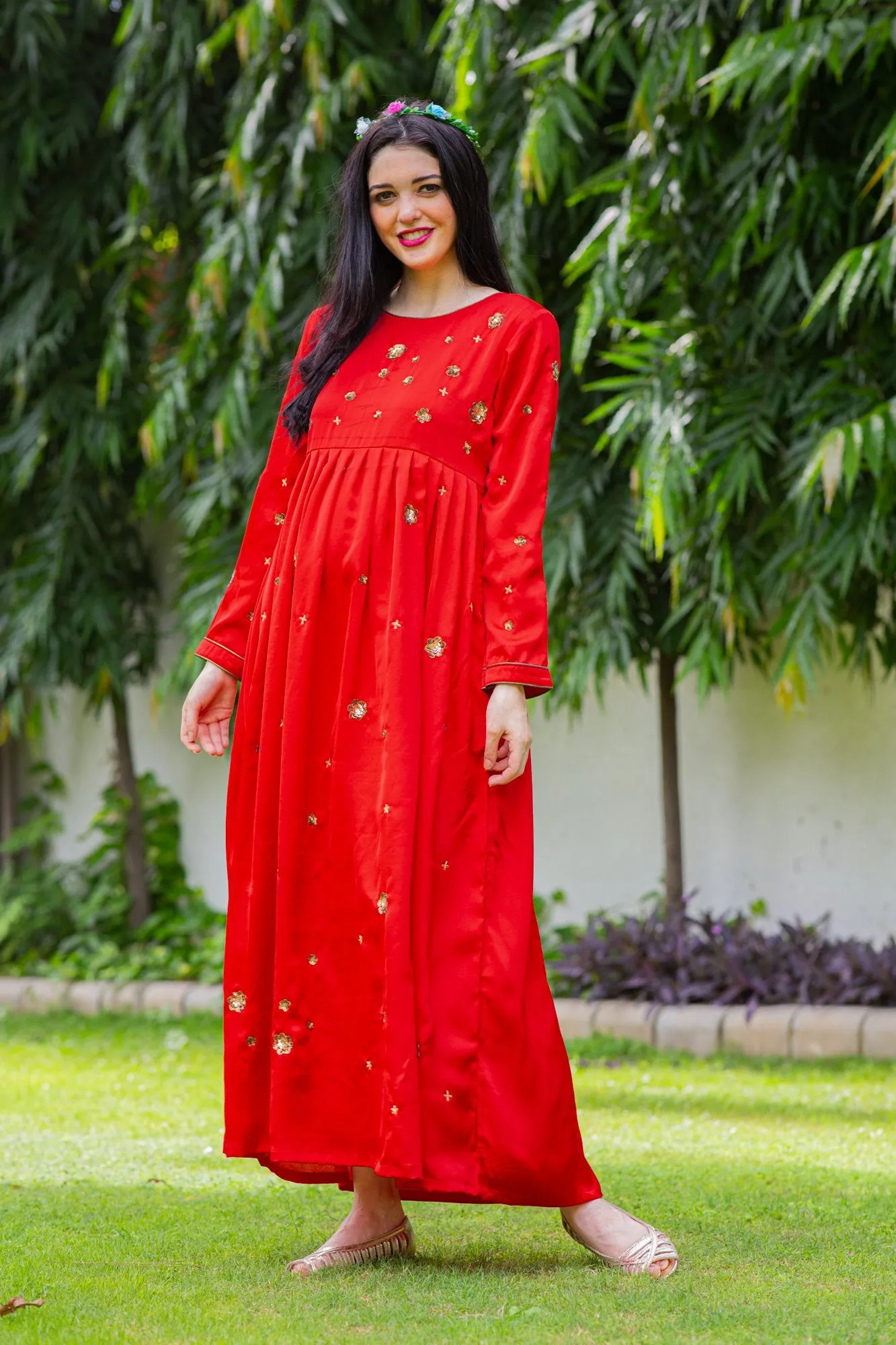 Premium Red Hand Embroidered Maternity Dress