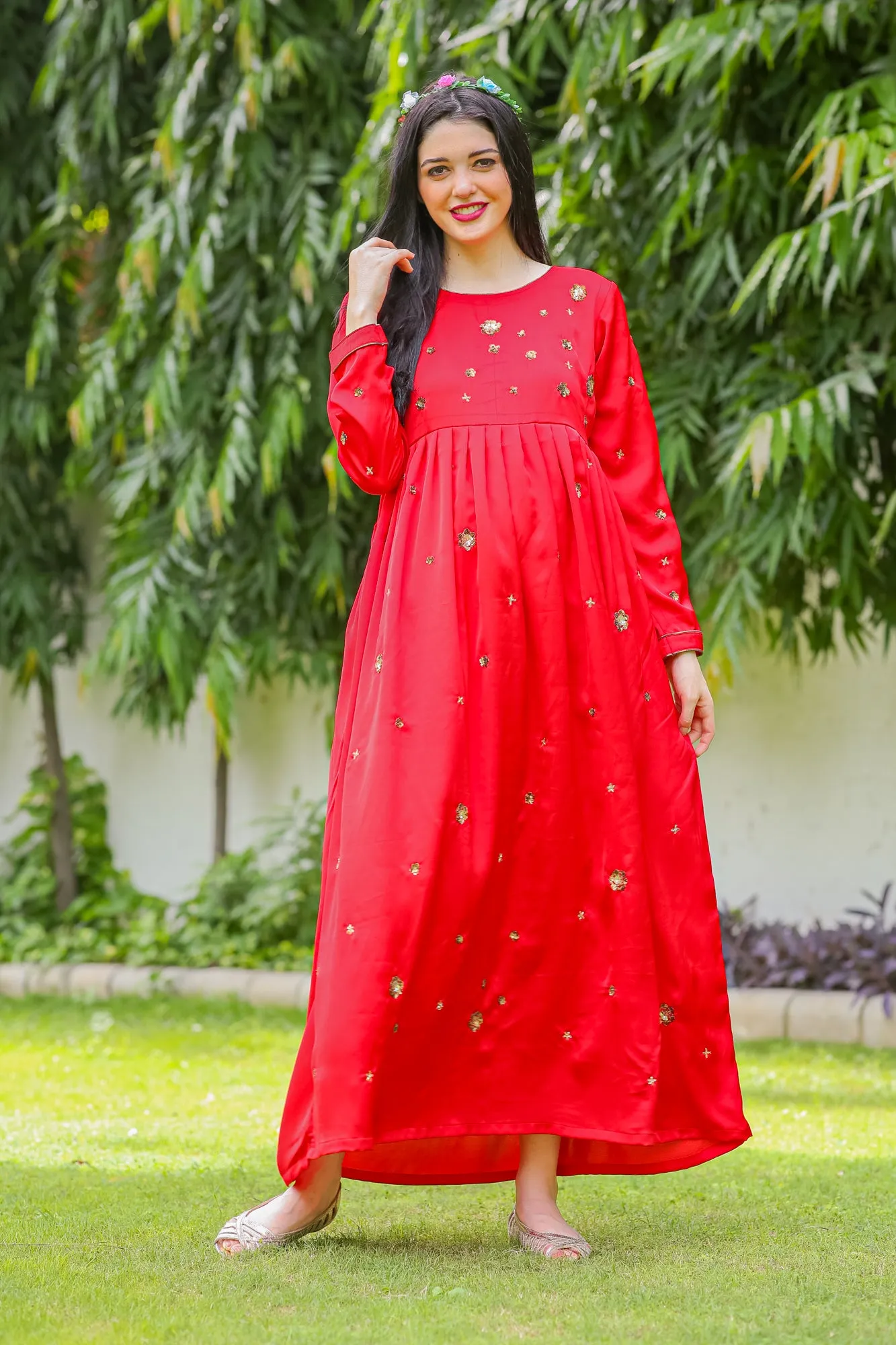 Premium Red Hand Embroidered Maternity Dress