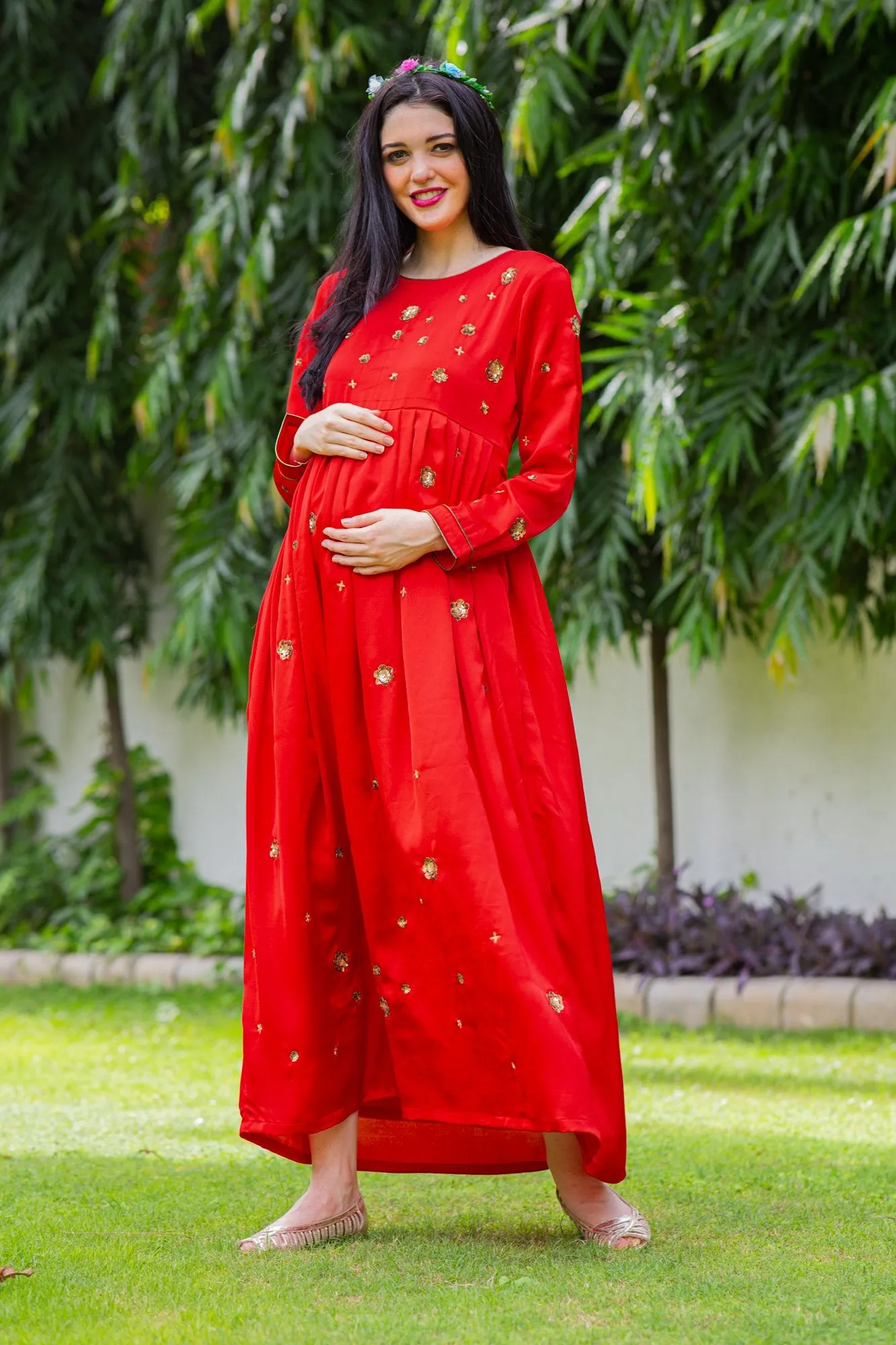 Premium Red Hand Embroidered Maternity Dress