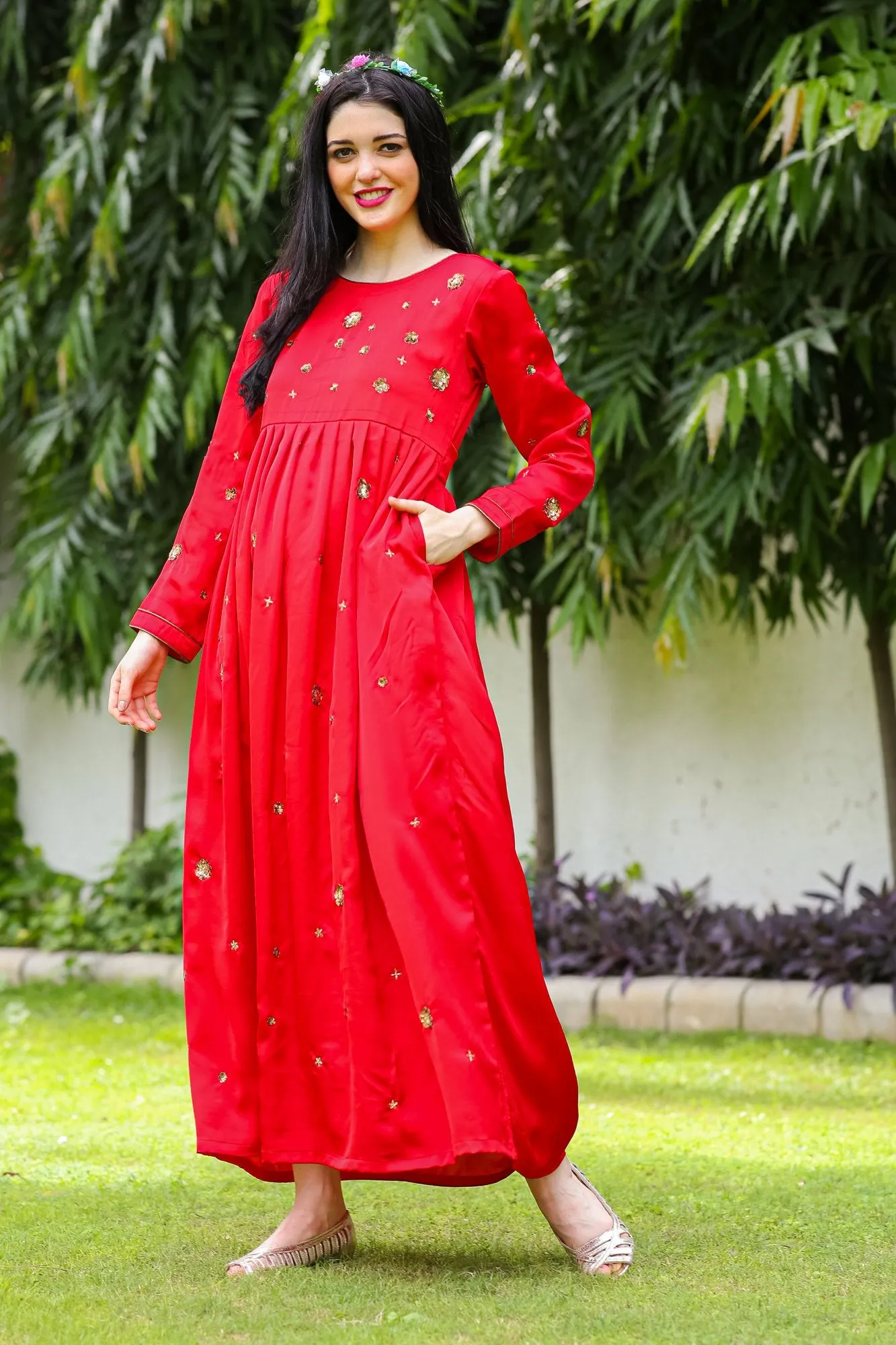 Premium Red Hand Embroidered Maternity Dress