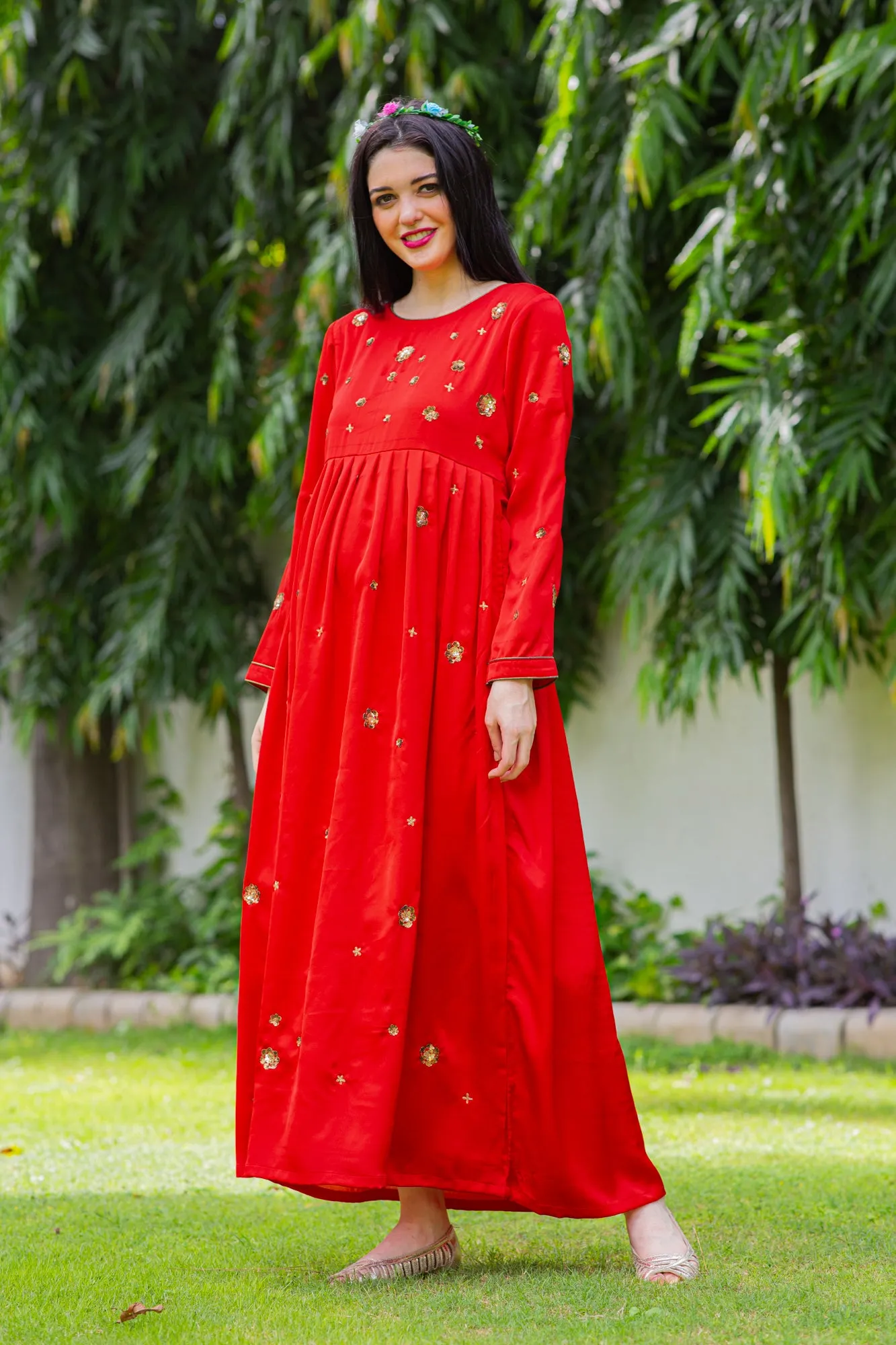 Premium Red Hand Embroidered Maternity Dress