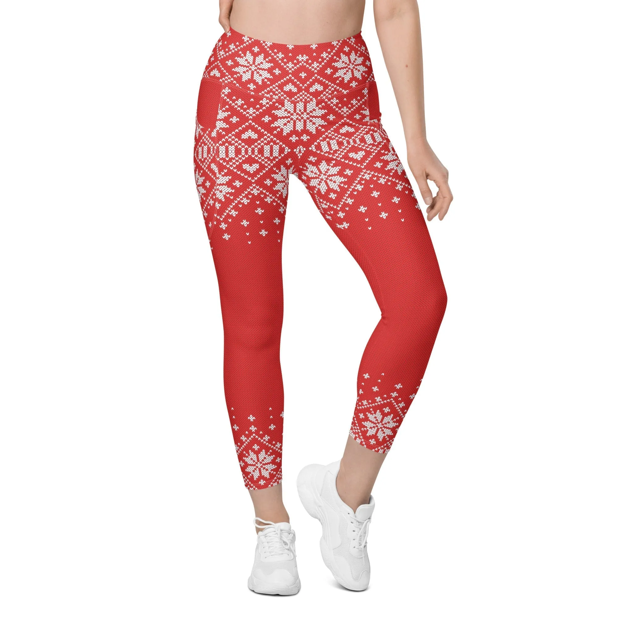 Red Knitted Print Christmas Leggings With Pockets