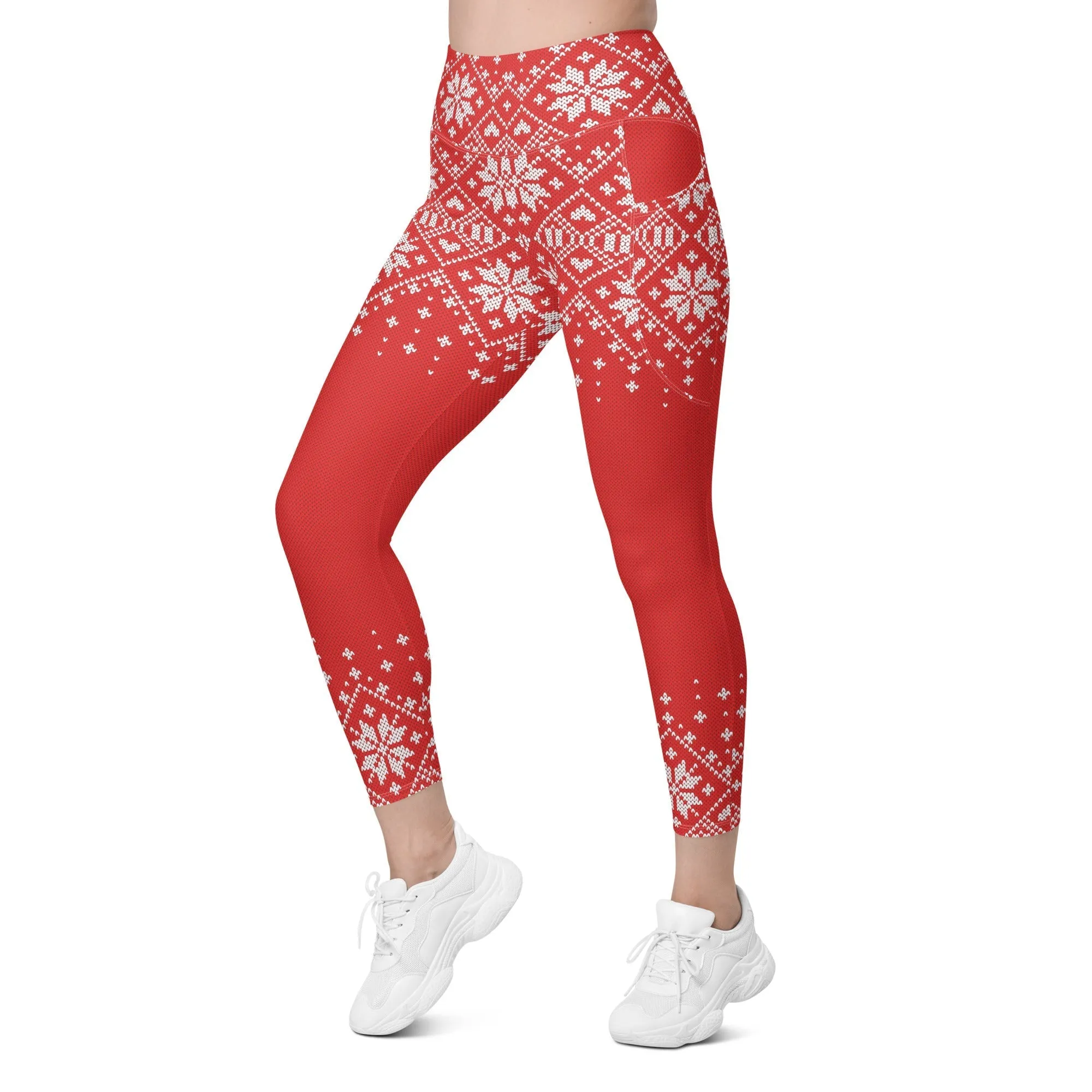 Red Knitted Print Christmas Leggings With Pockets