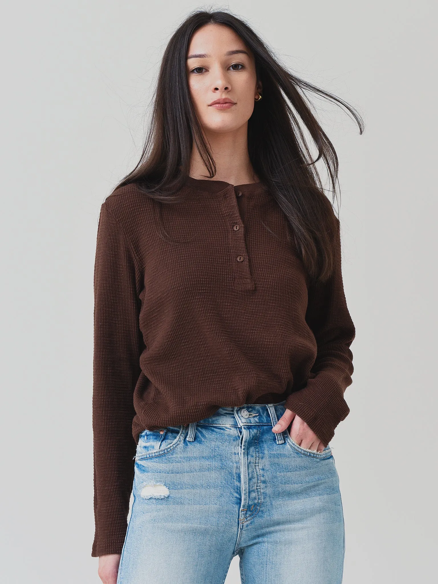     RE/DONE  Women's Henley Thermal Long Sleeve Tee    